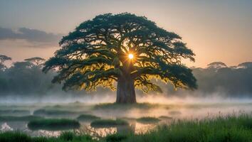 Majestic Baobab Tree Sunburst Over Misty Swamp Landscape at Dawn photo