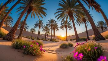 Palm Trees in Desert at Sunset with Wildflowers in Bloom photo