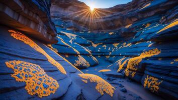 Sunlit Canyon Passage with Textured Rock Formations and Dramatic Lighting photo