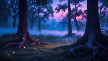 Mystical Forest with Glowing Lights at Dusk Creating Ethereal Atmosphere photo