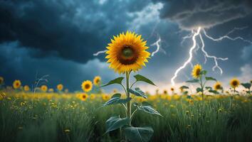 Sunflower Field Under Stormy Sky with Lightning Strikes in the Distance photo
