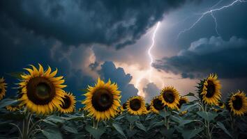 Sunflowers Under Dramatic Sky with Lightning Strike Creates Bold Contrast photo