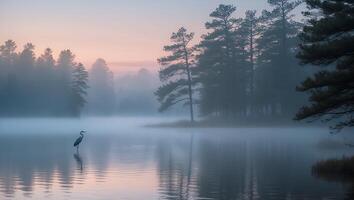 Heron Standing Still on Foggy Lake Surrounded by Forest Trees photo