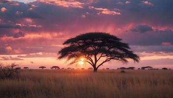 Tree Silhouette at Sunset in a Field with a Dramatic Sky photo