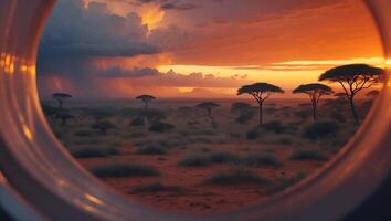 African Landscape Through Porthole with Trees and Dramatic Sunset photo