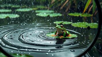 Green Frog Sitting on Lily Pad in Rain with Water Ripples photo