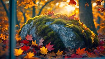 Mossy Rock in Autumn Forest with Falling Leaves and Sunlight photo
