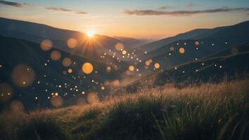 Sunrise Over Rolling Hills with Golden Grass and Bokeh Effect photo
