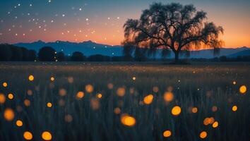Lonely Tree Silhouette on Meadow at Dusk with Golden Light photo