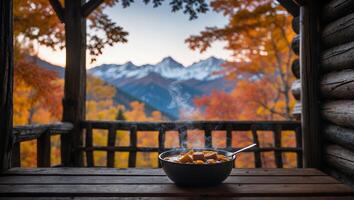 Hot Meal Overlooking Mountain View in Autumn Log Cabin photo