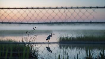 Heron Standing in Water at Dawn with Foggy Landscape photo