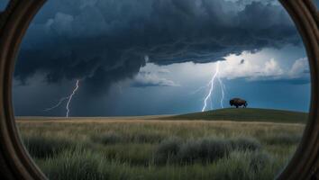 Bison Standing During Lightning Storm Over Rolling Grassland Hills photo