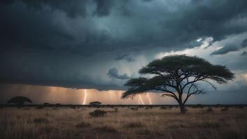 Lightning Strikes Behind Tree in Open Field with Dramatic Storm Clouds photo