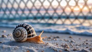 Snail Crawling on Sandy Beach Near Ocean at Sunset Time photo