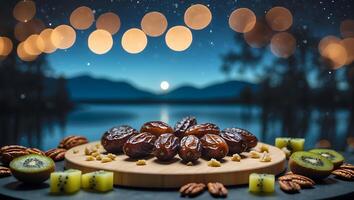 Arrangement of Dates Kiwis and Pecans with Blurred Nighttime Backdrop photo