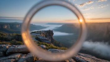Viewing Distant Mountains Through a Ring at Sunrise Above Mist photo