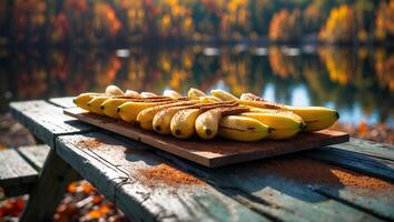 Bananas with Sprinkle on Wooden Board by Lake During Autumn photo