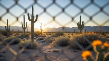 Cactus in Desert Landscape Seen Through Wire Fence at Sunset photo