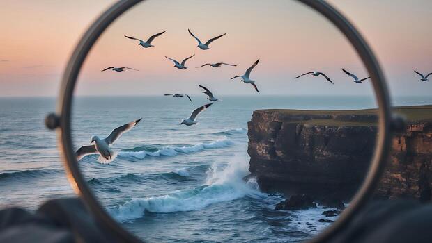 Seagulls Flying Over Ocean Viewed Through Circular Metal Frame photo