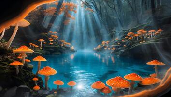 Surreal Mushroom Forest Reflecting in Tranquil Water with Sunbeams photo