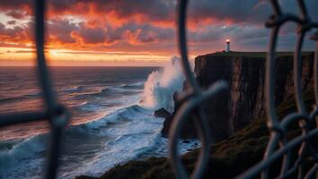 Lighthouse at Cliff Edge with Ocean Waves Crashing at Sunset photo