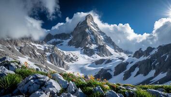 Majestic Mountain Peak Landscape with Snow and Wildflowers in Summer photo