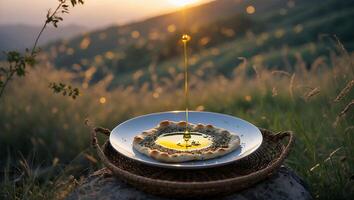 Pouring Olive Oil on Zaatar Bread in a Golden Meadow photo