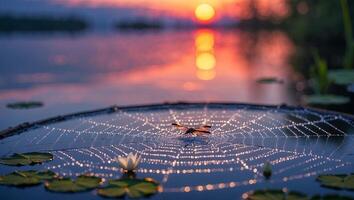Dragonfly Resting on Dew-covered Web with Lake and Sunrise View photo