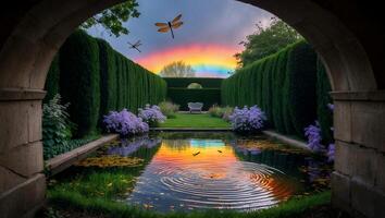 Pond Reflections in Formal Garden with Dragonflies and Rainbow Sky photo
