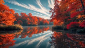 Reflecting Autumn Foliage on a Calm Lake with Scenic Sky photo