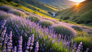 Lavender Field and Hillside with Waterfall Under a Golden Sunlight photo