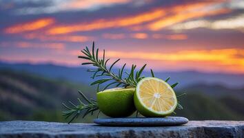 Lime and Rosemary Still Life Against Sunset Mountain Landscape photo