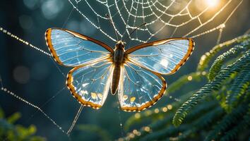 Butterfly Caught in Dew Covered Spiderweb Illuminated by Golden Sunlight photo