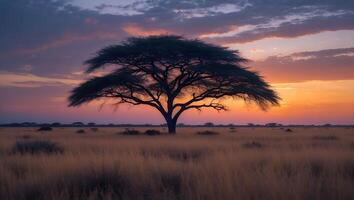 Solitary Tree Silhouetted Against Dramatic Sunset Sky Over Grassy Field photo
