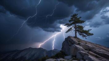 Lightning Strikes Mountain Range with Solitary Tree on Rocky Cliff photo