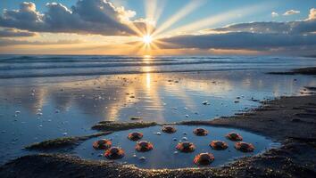 Crabs Gathering in Beach Tide Pool at Sunset with Sky Reflection photo