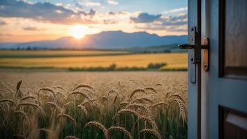 Open Door to Golden Wheat Field at Sunset with Mountain Views photo
