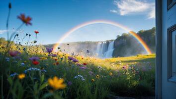 Waterfall with Rainbow, Wildflowers, and Open Doorway Into Dreamscape photo