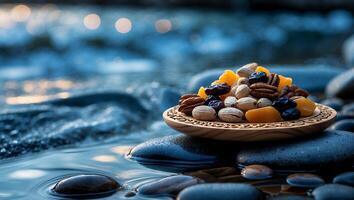 Plate of Dried Fruit and Nuts on River Rocks at Waterside photo