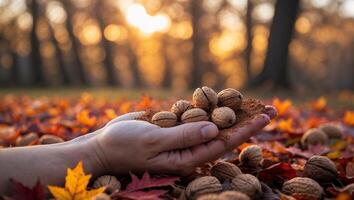 Holding Walnuts in Autumn Leaves During Golden Hour Sunset Time photo