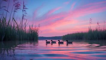 Ducks Swimming on Calm Water Reflecting Colorful Sunset Sky photo