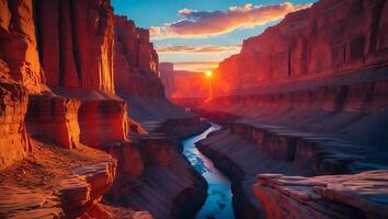 River Flowing Through Canyon at Sunset with Vibrant Sky Colors photo