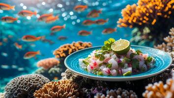 Refreshing Fish Ceviche Dish Served on Coral Reef with Ocean Backdrop photo