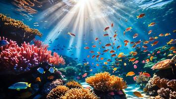 Underwater Coral Reef Ecosystem with Fish and Sun Rays Shining Through photo