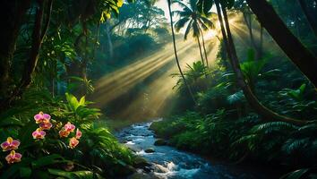 Stream Flowing Through Lush Tropical Rainforest with Sunbeams and Orchid Flowers photo