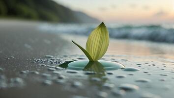 Green Sprout Growing From Water on Beach at Sunset photo