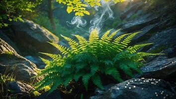 Fern Growing on Rocks with Sunlight and Mist in Nature photo
