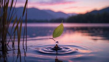 Leaf Balancing on Water Drop with Calm Lake and Mountain Backdrop photo