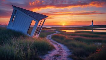 Leaning Building and Lighthouse at Sunset with a Winding Path photo