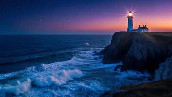 Coastal Lighthouse Shining Brightly Over Ocean Waves at Twilight photo